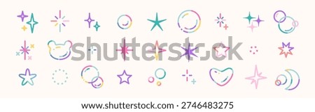 Decorative elements set including rainbow soap bubbles, stars, hearts and sparkles. Iridescent transparent spheres in modern playful style. Trendy vector illustration