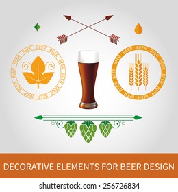 Decorative elements and stamps for dark beer label design. Vector