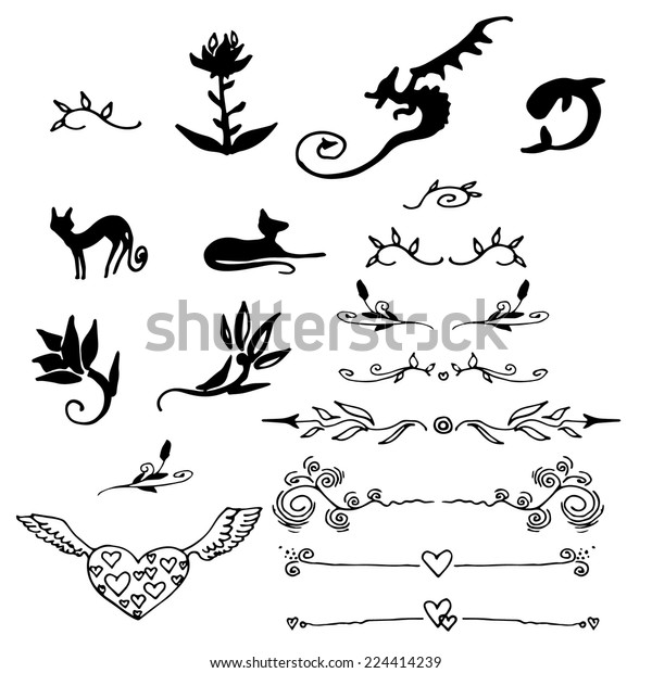 Decorative elements for text, borders, book hand\
drawn objects