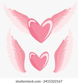 decorative elements for Valentine's Day consisting of pink hearts, light pink wings, hearts with wings, vector