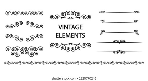 Decorative elements,  vantage line dividers vector set isolated.  Floral borders, dingbats, page rules frame for wedding or card decoration and text design