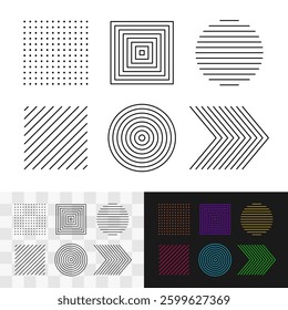 Decorative elements for various design uses made from parallel line blends. Different geometric shape figures with hatching and contours - square of dots, circle with lines and other. Editable stroke.