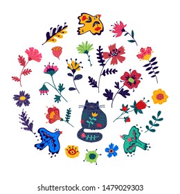 Decorative elements. Vector. Cute kitty, birds and beautiful flowers. Doodle flat style. Pattern for packaging and fabric. Drawing is isolated on a white background.