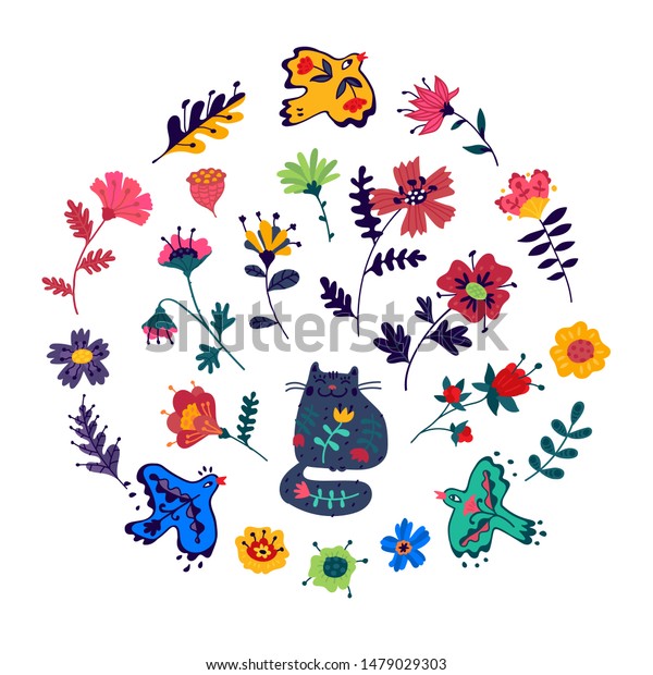 Decorative elements. Vector. Cute\
kitty, birds and beautiful flowers. Doodle flat style. Pattern for\
packaging and fabric. Drawing is isolated on a white\
background.