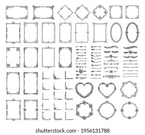 Decorative elements. Vintage floral borders, frames, dividers, corners, arrows. Elegant frame with swirls, flowers, leaves. Hand drawn decoration vector set. Wedding, book festive decoration