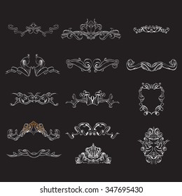 decorative elements in vintage style for decoration layout, framing, for text for advertising, vector illustration hands, set