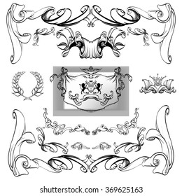 decorative elements in vintage style for decoration layout, framing, for advertising, vector illustration hands, heraldry background for the logo, emblem, lion and shield cloth, crown 