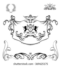 decorative elements in vintage style for decoration layout, framing, for advertising, vector illustration hands, heraldry background for the logo, emblem, lion and shield cloth, crown 