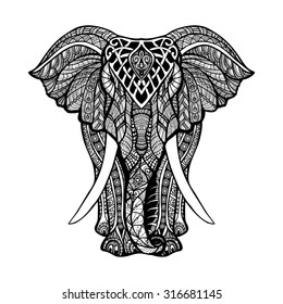 Decorative elephant front view with stylized ornament hand drawn vector illustration