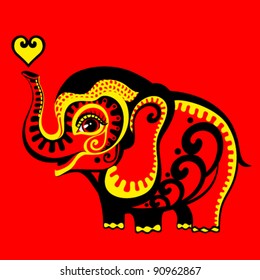decorative elephant with heaved up a trunk on a red background