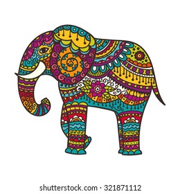 Decorative elephant illustration. Indian theme with ornaments. Vector isolated image