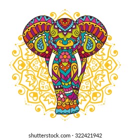 Decorative elephant illustration. Indian theme with ornaments. Vector isolated image
