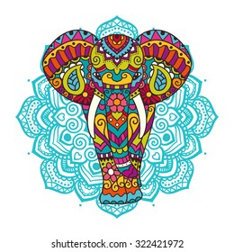 Decorative elephant illustration. Indian theme with ornaments. Vector isolated image