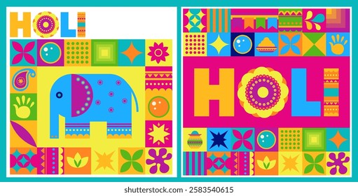 A decorative elephant motif surrounded by colorful Holi-inspired geometric patterns, created in a modern vector style, isolated on a white background. Perfect for festive projects.