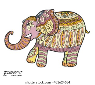 Decorative Elephant with ornate border. Hand drawn stylized fantasy patterned animal, zen-tangle style art. Vector doodle pattern, indian theme with ornaments, isolated on a white background