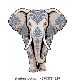 Vector de elefante decorativo con patrón de damasco azul, elegante arte de patrón de damasco de elefante e ilustración de patrón de damasco de elefante tradicional.