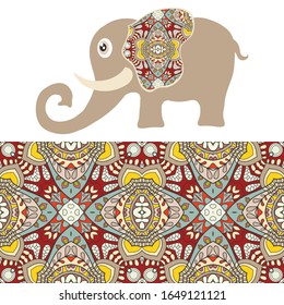 Decorative elephant. Vector cartoon animal with seamless floral geometric pattern, tribal ethnic ornamental border, isolated elements for scrapbook, invitation or greeting card design
