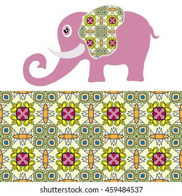 Decorative elephant. Vector cartoon animal with seamless floral geometric pattern, tribal ethnic ornamental border, isolated elements for scrapbook, invitation or greeting card design