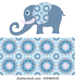 Decorative elephant. Vector cartoon animal with seamless floral geometric pattern, tribal ethnic ornamental border, isolated elements for scrapbook, invitation or greeting card design