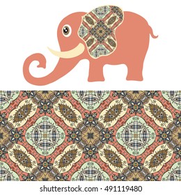 Decorative elephant. Vector cartoon animal with seamless floral geometric pattern, tribal ethnic ornamental border, isolated elements for scrapbook, invitation or greeting card design