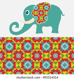 Decorative elephant. Vector cartoon animal with seamless floral geometric pattern, tribal ethnic ornamental border, isolated elements for scrapbook, invitation or greeting card design