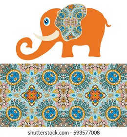 Decorative elephant. Vector cartoon animal with seamless floral geometric pattern, tribal ethnic ornamental border, isolated elements for scrapbook, invitation or greeting card design