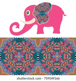 Decorative elephant. Vector cartoon animal with seamless floral geometric pattern, tribal ethnic ornamental border, isolated elements for scrapbook, invitation or greeting card design