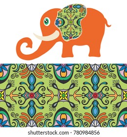 Decorative elephant. Vector cartoon animal with seamless floral geometric pattern, tribal ethnic ornamental border, isolated elements for scrapbook, invitation or greeting card design