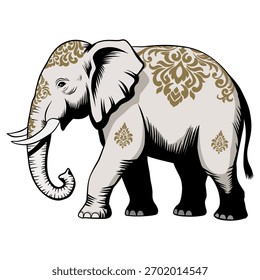 Vector de elefante decorativo con patrón de damasco dorado, elegante arte de patrón de damasco de elefante e ilustración de patrón de damasco de elefante tradicional.
