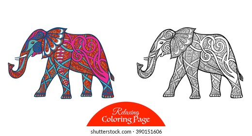 Decorative elephant in zentangle style, in zendoodle style. Outline drawing. Vector illustration.