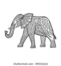 Decorative elephant in zentangle style, in zendoodle style. Outline drawing. Vector illustration.
