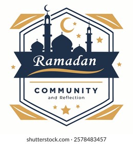 A decorative emblem featuring mosque silhouettes, stars, and crescent for Ramadan celebration, symbolizing community and spiritual reflection.