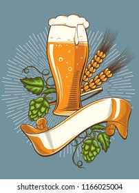 Decorative emblem - glass of beer with hop and wheat