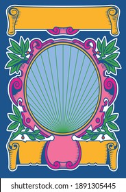 Decorative Emblem, Label Template, Retro Style Olive Branches and Scrolls, Psychedelic Color Combination 