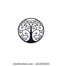 Decorative emblem tree logo design isolated black