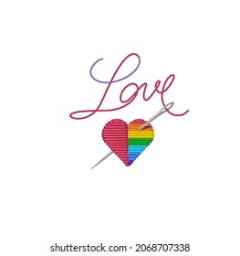 Decorative embroidered patch with a heart, Rainbow flag. Design for cards, posters, t shirt, stickers