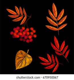 Decorative embroidery with autumn leaves of trees and berry.