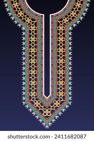 Diseño decorativo de patrones de bordado para el cuello de la kurta india con intrincados patrones de entrelazamiento y motivos griegos clave. El patrón simétrico abstracto geométrico del diseño del cuello.