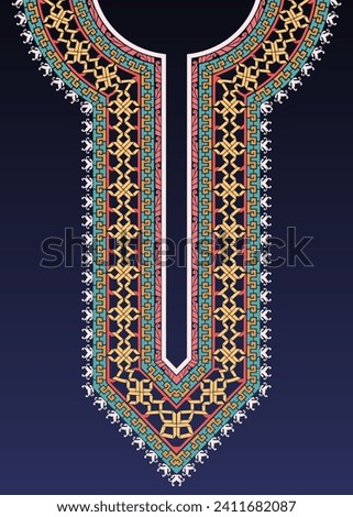 Decorative embroidery pattern design for the neck of the Indian kurta with intricated interlacing patterns and Greek key motifs. The symmetrical abstract geometrical pattern of neck design.