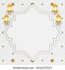 decorative empty Islamic ramadan kareem eid mubarak frame luxury pattern white background banner design. Translation. "Muslim fasting month and celebration day after fasting."