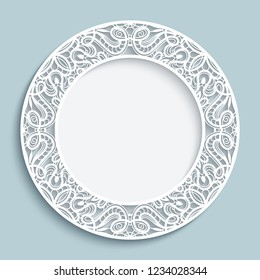 Decorative empty plate with ornamental border, cutout paper circle frame, eps10 vector illustration