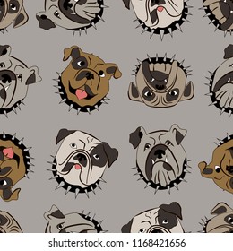 Decorative endless ornament with chaotic muzzle of a dog on gray backdrop.