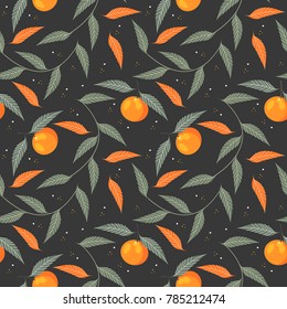Decorative endless pattern with tangerines and leaves. Stylish background for textile, decor and design.