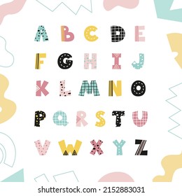 Decorative English alphabet for kids. Creative cute children font for learning letters and decoration. Scandinavian style decor