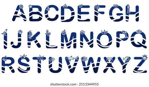 Decorative English alphabet from A to Z in a nautical style