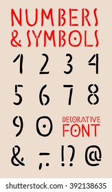 Decorative English font / numbers and symbols, hand drawn, ink, vector illustration