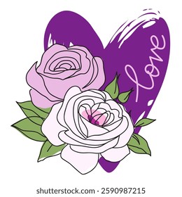 Decorative English garden vintage pink and white rose with purple heart shape and love text. Female summer print, t-shirt design. Hand drawn beautiful flowers. Vector stock illustration.