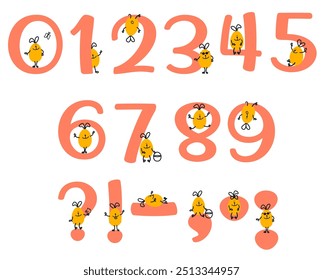 Decorative English numbers and punctuation marks. With funny eggs for Easter. Eggs with arms and legs sit on the numbers