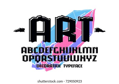 Decorative engraving sanserif font with effect of volume. Letters for logo and title design
