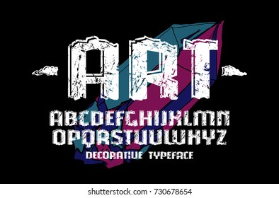 Decorative engraving sanserif font with effect of volume. Letters with rough texture for logo and title design. Print on black background